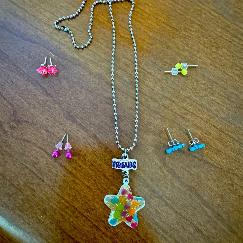 Set of 5 Items!  Brightly Colored Jewelry!  4 pr tiny earrings & 1 necklace!